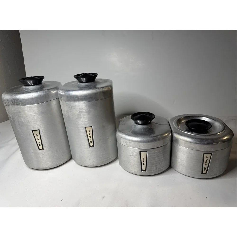Vintage Set of (4) 1950s Kromex Aluminum Mid Century Canister Set Farm House